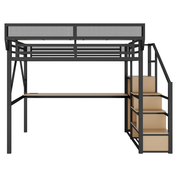 English Elm Queen Metal Loft Bed with Desk Charging Station Storage Stairs and Rgb Lighting W2580S00096