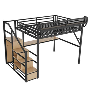 English Elm Queen Metal Loft Bed with Desk Charging Station Storage Stairs and Rgb Lighting W2580S00096