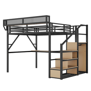 English Elm Queen Metal Loft Bed with Desk Charging Station Storage Stairs and Rgb Lighting W2580S00096