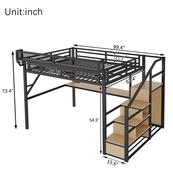 English Elm Queen Metal Loft Bed with Desk Charging Station Storage Stairs and Rgb Lighting W2580S00096