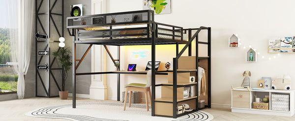 English Elm Queen Metal Loft Bed with Desk Charging Station Storage Stairs and Rgb Lighting W2580S00096