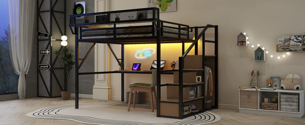 English Elm Queen Metal Loft Bed with Desk Charging Station Storage Stairs and Rgb Lighting W2580S00096