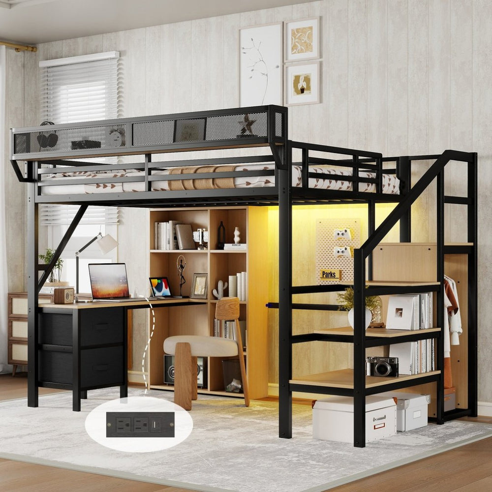 English Elm Full Size Metal Loft Bed with RGB Lighting Desk Storage and Charging for Teens W2580S00100