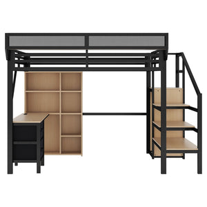 English Elm Full Size Metal Loft Bed with RGB Lighting Desk Storage and Charging for Teens W2580S00100