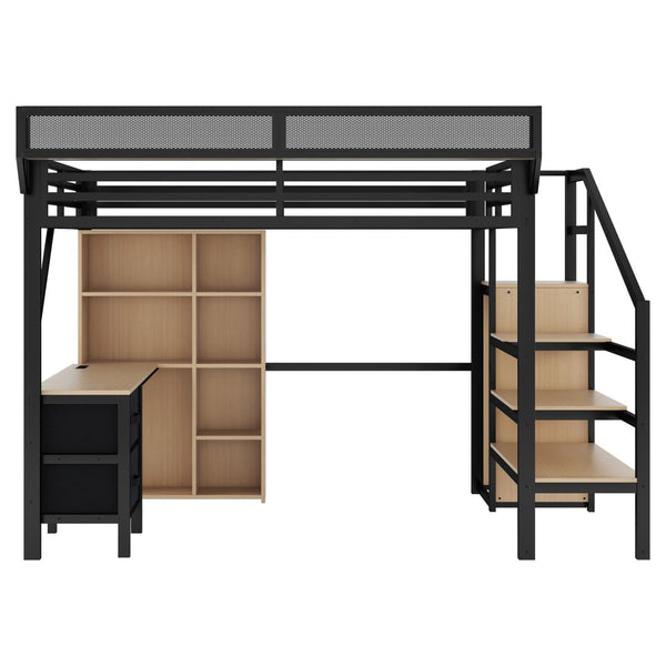 English Elm Full Size Metal Loft Bed with RGB Lighting Desk Storage and Charging for Teens W2580S00100