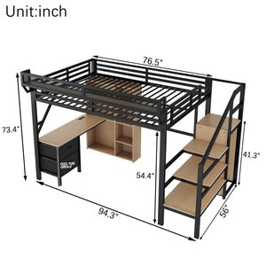 English Elm Full Size Metal Loft Bed with RGB Lighting Desk Storage and Charging for Teens W2580S00100