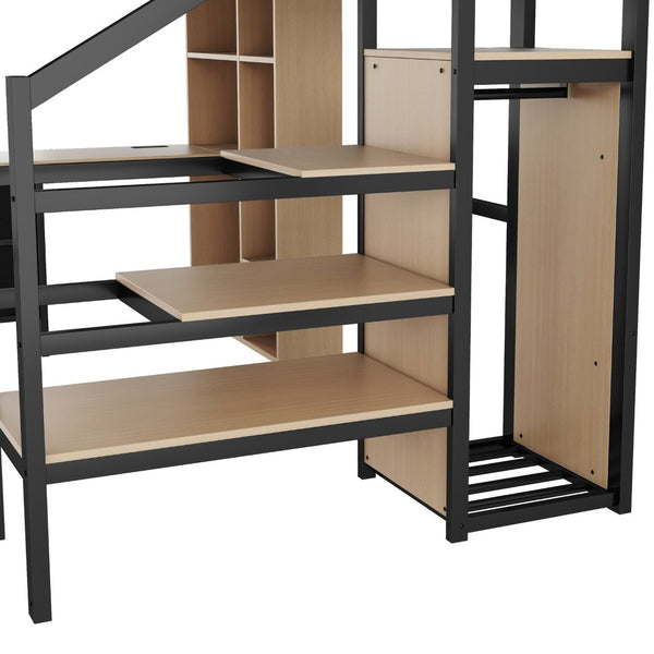 English Elm Full Size Metal Loft Bed with RGB Lighting Desk Storage and Charging for Teens W2580S00100
