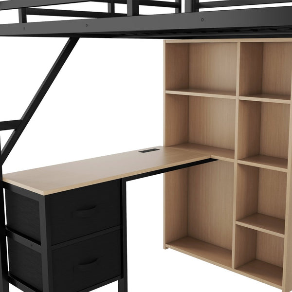English Elm Full Size Metal Loft Bed with RGB Lighting Desk Storage and Charging for Teens W2580S00100