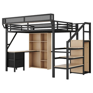English Elm Full Size Metal Loft Bed with RGB Lighting Desk Storage and Charging for Teens W2580S00100