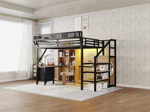English Elm Full Size Metal Loft Bed with RGB Lighting Desk Storage and Charging for Teens W2580S00100