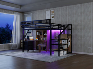 English Elm Full Size Metal Loft Bed with RGB Lighting Desk Storage and Charging for Teens W2580S00100