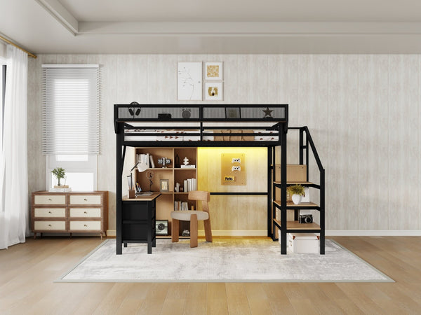 English Elm Full Size Metal Loft Bed with RGB Lighting Desk Storage and Charging for Teens W2580S00100