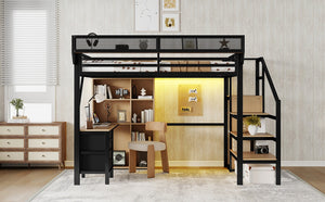 English Elm Full Size Metal Loft Bed with RGB Lighting Desk Storage and Charging for Teens W2580S00100