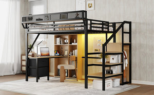 English Elm Full Size Metal Loft Bed with RGB Lighting Desk Storage and Charging for Teens W2580S00100