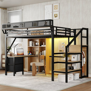 English Elm Full Size Metal Loft Bed with RGB Lighting Desk Storage and Charging for Teens W2580S00100