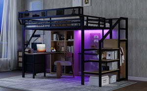 English Elm Full Size Metal Loft Bed with RGB Lighting Desk Storage and Charging for Teens W2580S00100