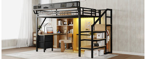 English Elm Full Size Metal Loft Bed with RGB Lighting Desk Storage and Charging for Teens W2580S00100