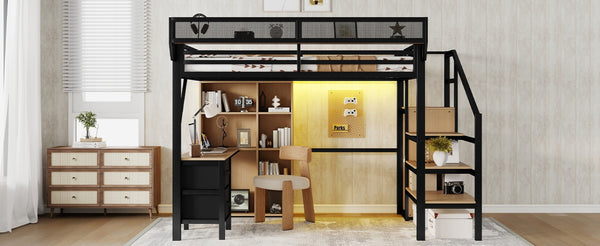 English Elm Full Size Metal Loft Bed with RGB Lighting Desk Storage and Charging for Teens W2580S00100