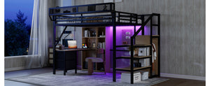 English Elm Full Size Metal Loft Bed with RGB Lighting Desk Storage and Charging for Teens W2580S00100