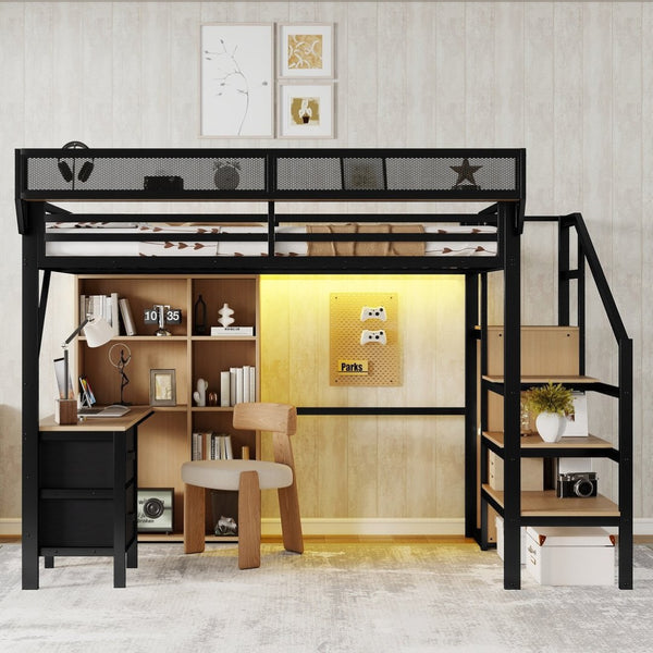 English Elm Full Size Metal Loft Bed with RGB Lighting Desk Storage and Charging for Teens W2580S00100