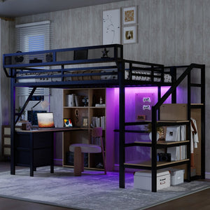 English Elm Full Size Metal Loft Bed with RGB Lighting Desk Storage and Charging for Teens W2580S00100