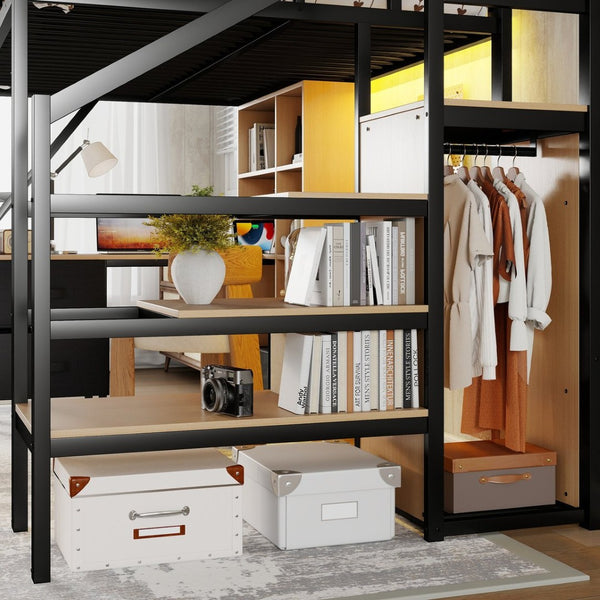 English Elm Full Size Metal Loft Bed with RGB Lighting Desk Storage and Charging for Teens W2580S00100