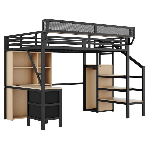 English Elm Full Size Metal Loft Bed with RGB Lighting Desk Storage and Charging for Teens W2580S00100