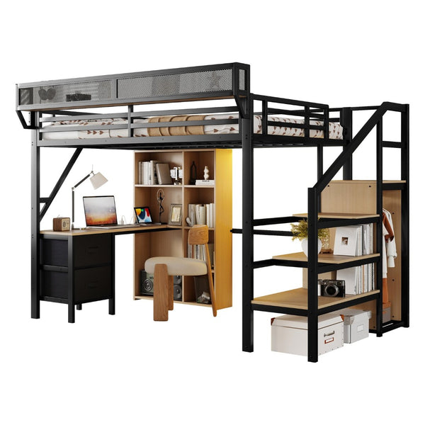 English Elm Full Size Metal Loft Bed with RGB Lighting Desk Storage and Charging for Teens W2580S00100