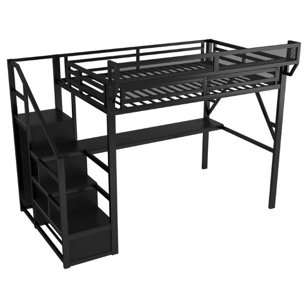 English Elm Queen Metal Loft Bed with Desk Wardrobe Stair Storage and RGB LED Lighting for Teens W2580S00101