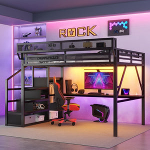 English Elm Queen Metal Loft Bed with Desk Wardrobe Stair Storage and RGB LED Lighting for Teens W2580S00101