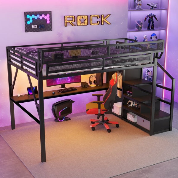English Elm Queen Metal Loft Bed with Desk Wardrobe Stair Storage and RGB LED Lighting for Teens W2580S00101