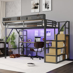 English Elm Full Metal Loft Bed with Desk Wardrobe Stairs RGB Lighting and Charging for Teens Black - B W2580S00104