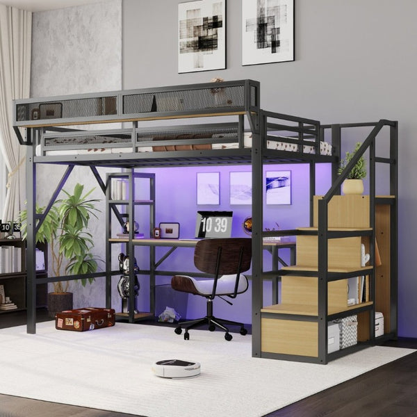 English Elm Full Metal Loft Bed with Desk Wardrobe Stairs RGB Lighting and Charging for Teens Black - B W2580S00104