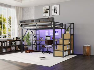 English Elm Full Metal Loft Bed with Desk Wardrobe Stairs RGB Lighting and Charging for Teens Black - B W2580S00104