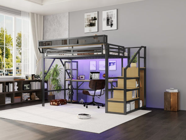 English Elm Full Metal Loft Bed with Desk Wardrobe Stairs RGB Lighting and Charging for Teens Black - B W2580S00104