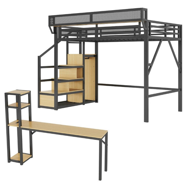 English Elm Full Metal Loft Bed with Desk Wardrobe Stairs RGB Lighting and Charging for Teens Black - B W2580S00104