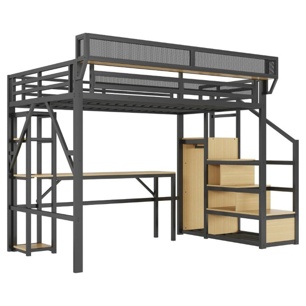 English Elm Full Metal Loft Bed with Desk Wardrobe Stairs RGB Lighting and Charging for Teens Black - B W2580S00104
