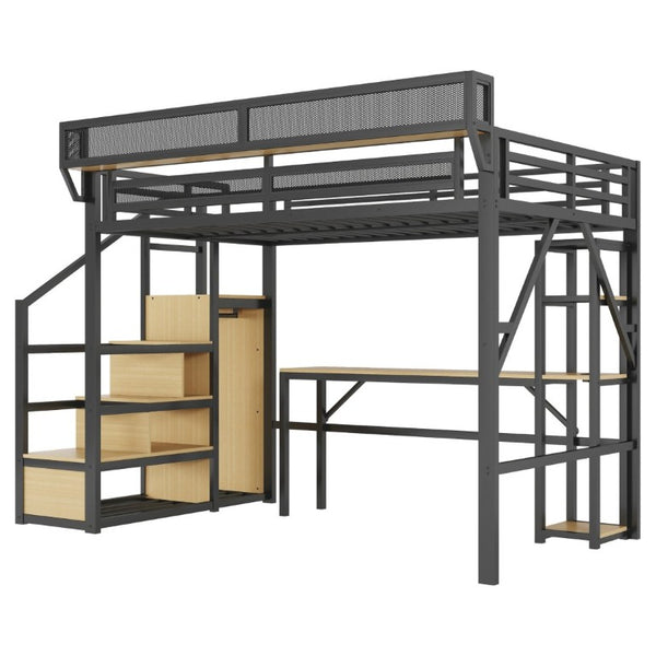 English Elm Full Metal Loft Bed with Desk Wardrobe Stairs RGB Lighting and Charging for Teens Black - B W2580S00104