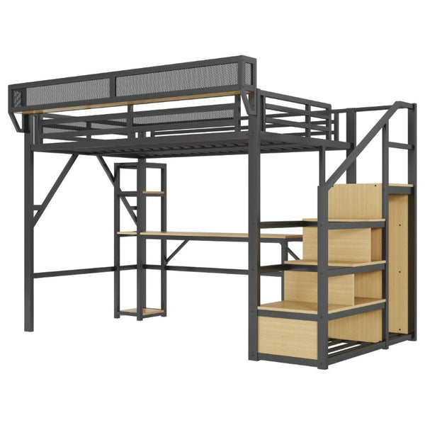 English Elm Full Metal Loft Bed with Desk Wardrobe Stairs RGB Lighting and Charging for Teens Black - B W2580S00104