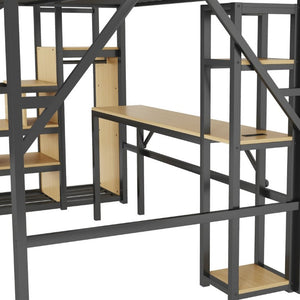 English Elm Full Metal Loft Bed with Desk Wardrobe Stairs RGB Lighting and Charging for Teens Black - B W2580S00104