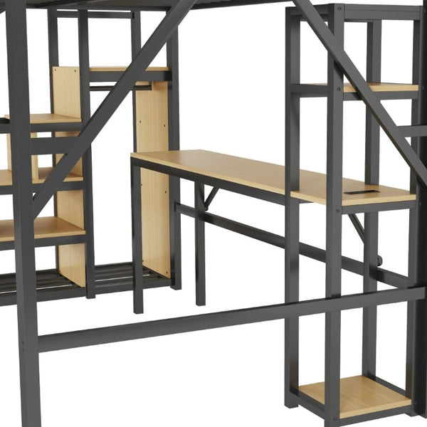 English Elm Full Metal Loft Bed with Desk Wardrobe Stairs RGB Lighting and Charging for Teens Black - B W2580S00104