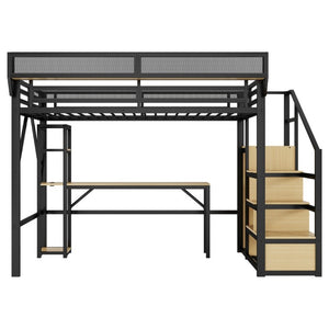 English Elm Full Metal Loft Bed with Desk Wardrobe Stairs RGB Lighting and Charging for Teens Black - B W2580S00104
