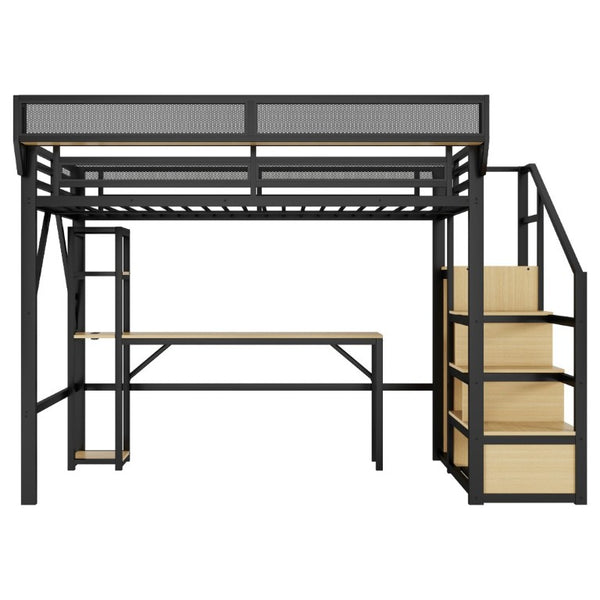 English Elm Full Metal Loft Bed with Desk Wardrobe Stairs RGB Lighting and Charging for Teens Black - B W2580S00104