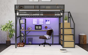 English Elm Full Metal Loft Bed with Desk Wardrobe Stairs RGB Lighting and Charging for Teens Black - B W2580S00104