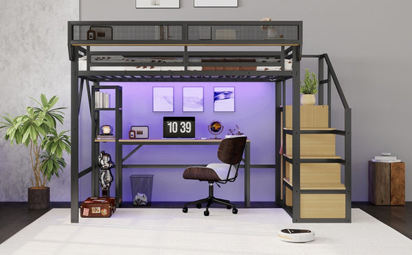 English Elm Full Metal Loft Bed with Desk Wardrobe Stairs RGB Lighting and Charging for Teens Black - B W2580S00104
