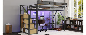 English Elm Full Metal Loft Bed with Desk Wardrobe Stairs RGB Lighting and Charging for Teens Black - B W2580S00104