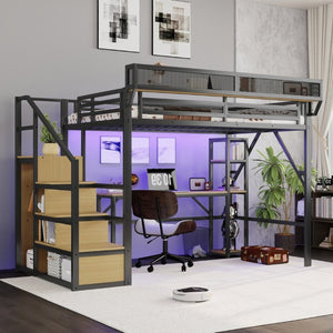English Elm Full Metal Loft Bed with Desk Wardrobe Stairs RGB Lighting and Charging for Teens Black - B W2580S00104