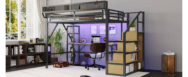 English Elm Full Metal Loft Bed with Desk Wardrobe Stairs RGB Lighting and Charging for Teens Black - B W2580S00104