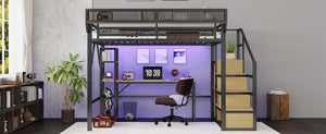 English Elm Full Metal Loft Bed with Desk Wardrobe Stairs RGB Lighting and Charging for Teens Black - B W2580S00104