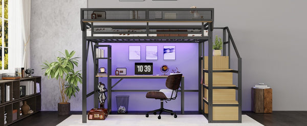 English Elm Full Metal Loft Bed with Desk Wardrobe Stairs RGB Lighting and Charging for Teens Black - B W2580S00104